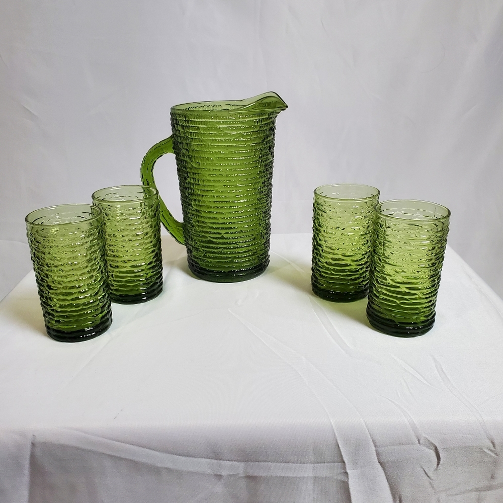 Vintage Soreno crinkle glass pitcher & glasses
